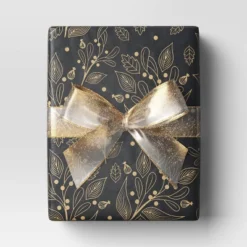 30â 25 Sq Ft Christmas Roll Wrap Gold Botanical On Black - Wondershopâ˘