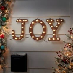 Hanging Lit 'JOY' Sign Brushed Bronze With Warm White Lights - Wondershopâ˘