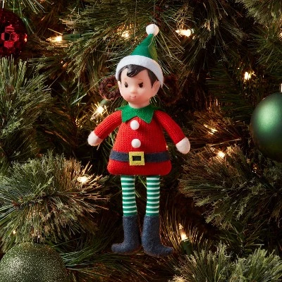 Fabric Elf Child With Braids And Green Hat Christmas Tree Ornament - Wondershop™: Indoor Holiday Decor, Polyester, 9" Height 1 Fabric Elf Child With Braids And Green Hat Christmas Tree Ornament - Wondershop™: Indoor Holiday Decor, Polyester, 9" Height