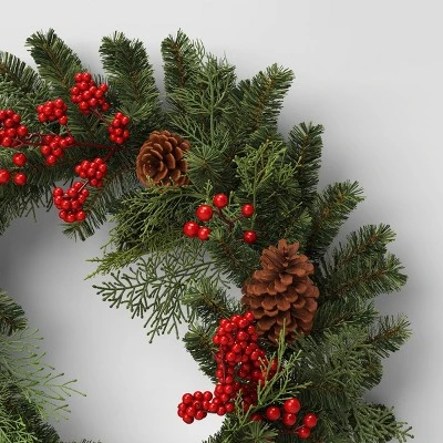 28" Mixed Greenery And Cedar With Pinecones And Red Berries Artificial Christmas Wreath Green - Wondershop™ 2 28" Mixed Greenery And Cedar With Pinecones And Red Berries Artificial Christmas Wreath Green - Wondershop™ - Image 2