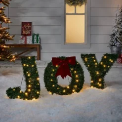 19" Greenery 'Joy' LED Christmas Novelty Sculpture Light With Red Bow - Wondershopâ˘