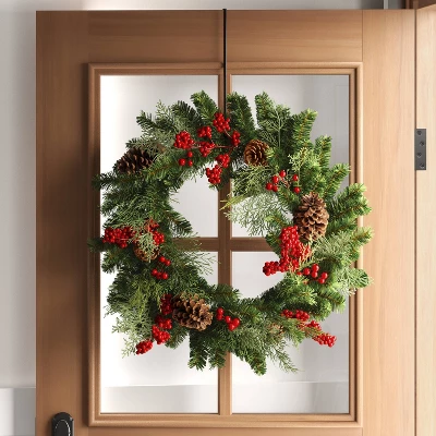 28" Mixed Greenery And Cedar With Pinecones And Red Berries Artificial Christmas Wreath Green - Wondershop™ 1 28" Mixed Greenery And Cedar With Pinecones And Red Berries Artificial Christmas Wreath Green - Wondershop™