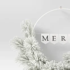 20" Battery Operated Lit Flocked Mixed Greenery On 'Merry' Metal Hoop Artificial Christmas Wreath White - Wondershop™ -Wondershop GUEST 7ed76e8a d25a 473e 820a 27f16b467806