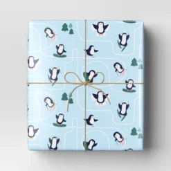 40" 125 Sq Ft Christmas Roll Wrap Playful Penguins On Blue - Wondershopâ˘