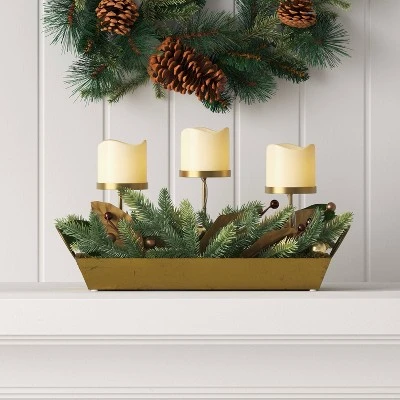 Battery Operated Flameless Pillar Candle And Candle Holder In Gold Tray With Faux Christmas Greenery - Wondershop™ 1 Battery Operated Flameless Pillar Candle And Candle Holder In Gold Tray With Faux Christmas Greenery - Wondershop™
