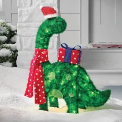 27.5" Incandescent Green Tinsel Dinosaur With Gift Christmas Novelty Sculpture Light Clear - Wondershopâ˘