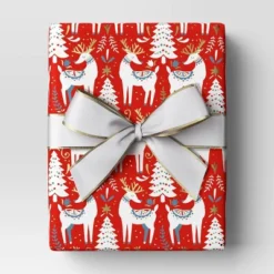 30â 20 Sq Ft Christmas Roll Wrap Scandinavian Trees And Deer On Red - Wondershopâ˘
