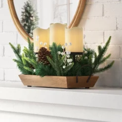 Battery Operated Flameless Pillar Candle And Black Candle Holder In Wood Tray With Faux Christmas Greenery - Wondershopâ˘