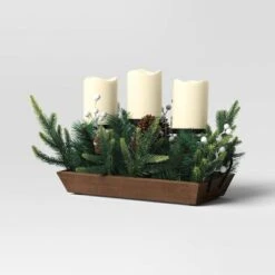 Battery Operated Flameless Pillar Candle And Black Candle Holder In Wood Tray With Faux Christmas Greenery - Wondershop™ 5 Battery Operated Flameless Pillar Candle And Black Candle Holder In Wood Tray With Faux Christmas Greenery - Wondershop™ -Wondershop GUEST d0b42b71 c387 4991 b229 9f700eeb7eb1