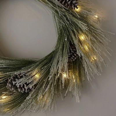 28" Pre-lit Battery Operated LED Flocked Long Needle Artificial Christmas Wreath Warm White Lights - Wondershop™ 2 28" Pre-lit Battery Operated LED Flocked Long Needle Artificial Christmas Wreath Warm White Lights - Wondershop™ - Image 2