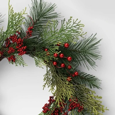 22" Mixed Pine With Red Berries Artificial Christmas Wreath Green - Wondershop™ 2 22" Mixed Pine With Red Berries Artificial Christmas Wreath Green - Wondershop™ - Image 2
